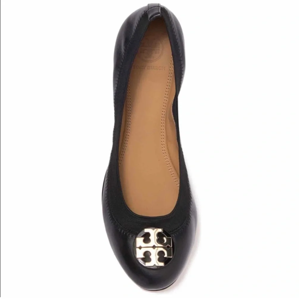 Tory Burch Black Leather Claire Elastic Flat with Gold Emblem never worn